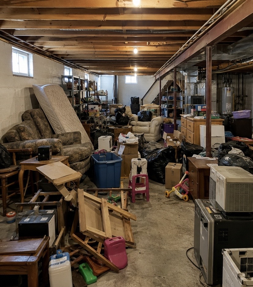 Basement filled with old furniture and boxes before removal