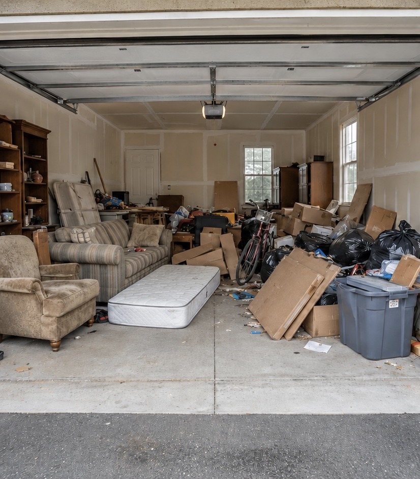Cluttered two-car garage before a Greater Good cleanout