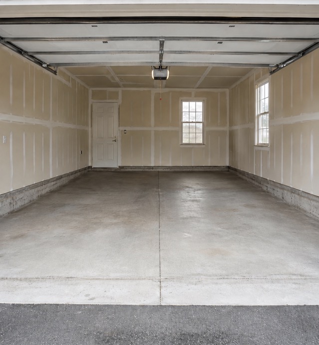 Empty swept two-car garage after a Greater Good cleanout
